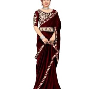 Dream Crushers Women's Pure velvet Fabric Saree With Embroidery Sequien Cording Lace Border Beautiful Ethinic Wear Saree With Unstiched Blouse Piece
