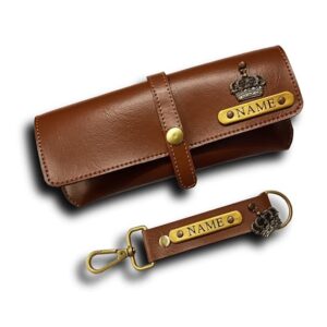 Little Cubess Combo Personalized Handmade Artificial Leather Sunglasses Cover/Case and Keychain 2 Sided Gift (Brown)