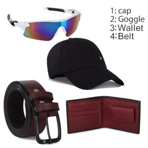 ZXR 4pcs/Set Men's Gift Set Men and Boys Cap & Sunglasses Belt Wellet Combo Set Birthday Present |Designer Cap | Men Women | Cap for Unisex | Adjustable Cap | Baseball Cap, Pack of 4 Multicolour