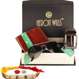 ITSYOR Heron Wills Genuine Leather Men Accessories Rakhi Gift Combo for Brothers | Rakhi, Wallet, Belt, Sunglasses, Gift for Brother, Best Rakhi Gift_HWCMB49A