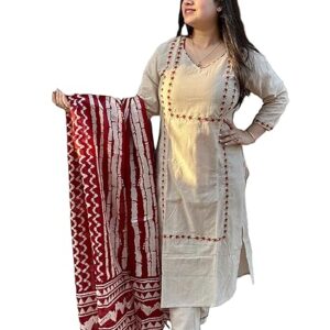 GoSriKi Women's Cotton Blend Straight Embroidered Kurta with Pant & Dupatta