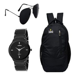BLUTECH Men's Aviator Sunglass , Laptop Bag and Dial Watch - Black