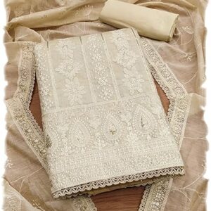 Pandadi Saree Women's Elegant Lucknowi Work with Modal Cotton Chanderi and Embroidered Dupatta Unstitched Dress Material